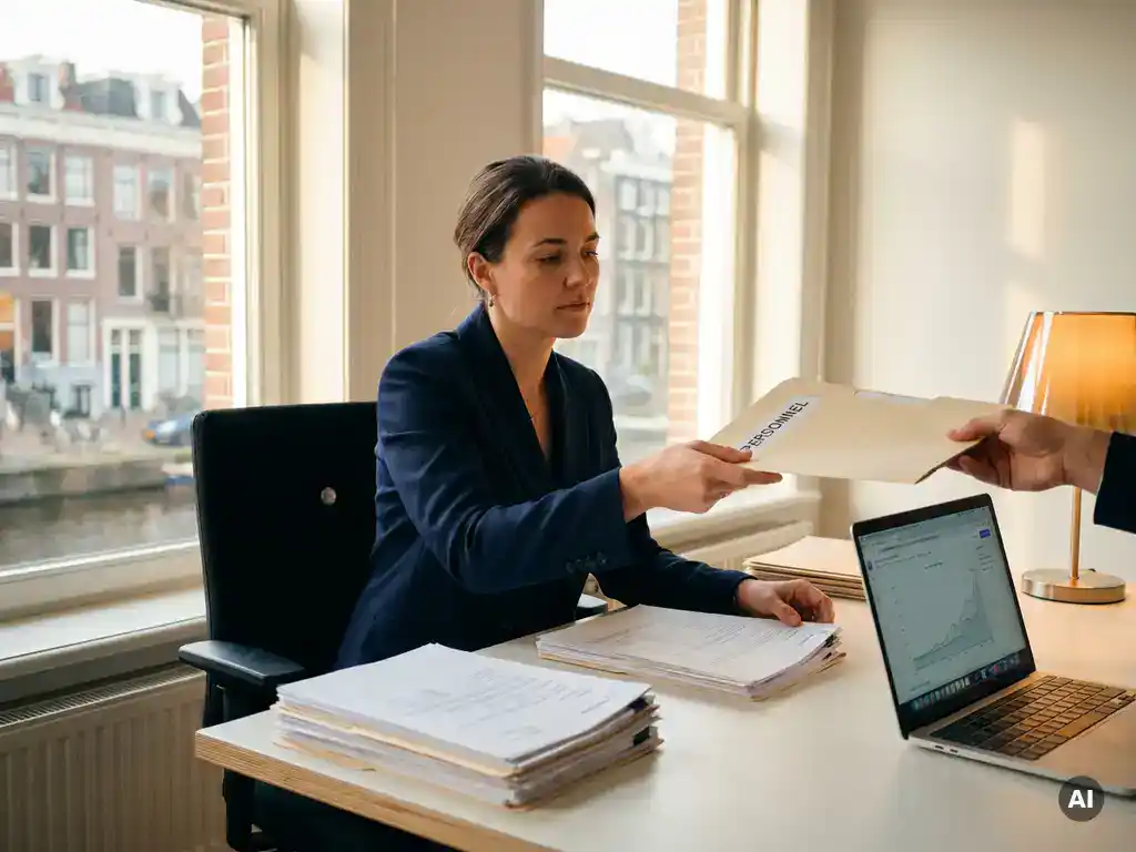 Recruiter overhandigt een personeelsdossier aan een collega aan een modern bureau met laptop, in een professioneel Nederlands kantoor.
