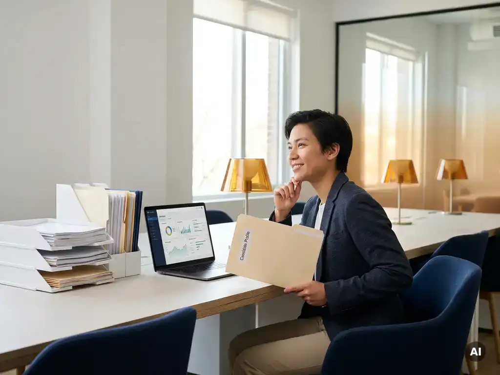 Recruiter bekijkt kandidaatdossier aan modern bureau met laptop, contracten en administratie in professioneel kantoor met natuurlijk licht.