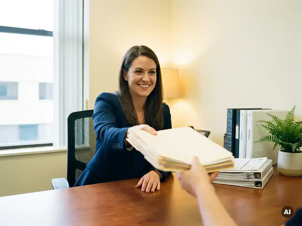 Recruiter overhandigt stapel administratieve mappen aan collega op modern bureau met geordende ordners en salarisadministratie.