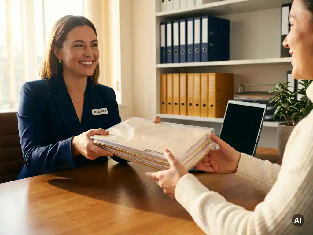 Recruiter overhandigt stapel administratieve mappen en salarisdocumenten aan specialist over modern bureau in warm kantoor.