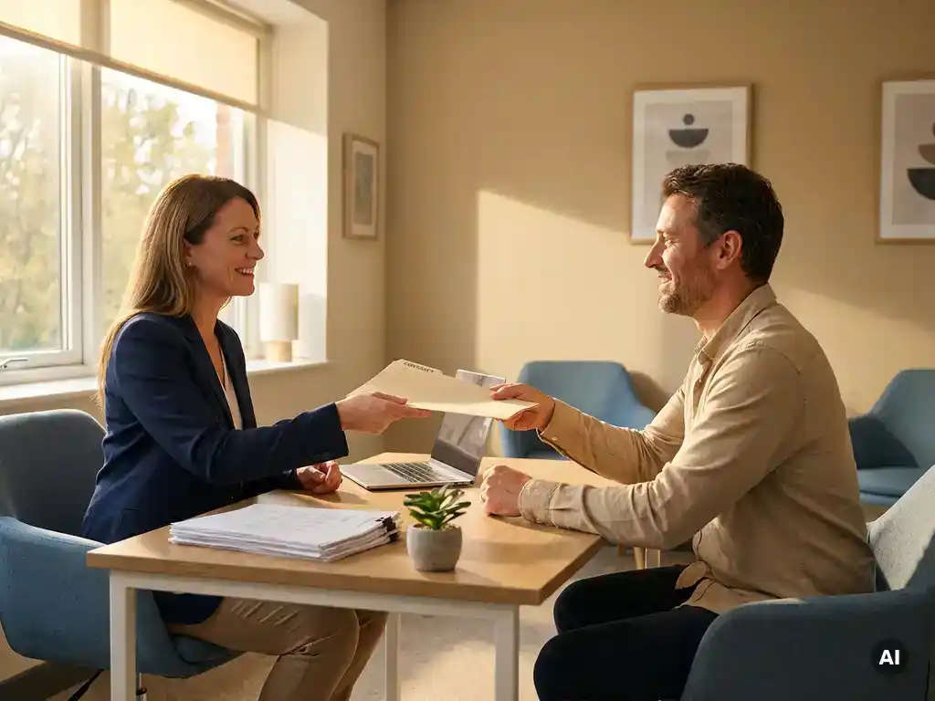 Recruitmentconsultant overhandigt ondertekend contractmap aan ondernemer aan modern bureau met salarisadministratie en laptop.