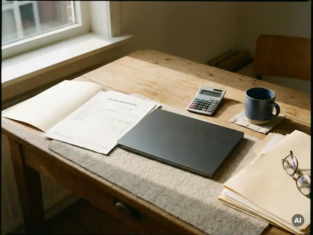 Nette bureauopstelling met salarisadministratie, laptop, rekenmachine en koffiemok in warm natuurlijk licht.
