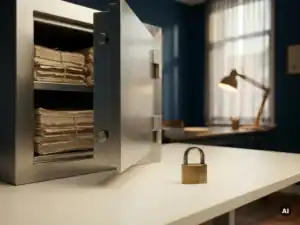 Stalen kluisdeur op een kier met geordende loonstroken en een hangslot op een wit bureau in een Nederlands kantoor.