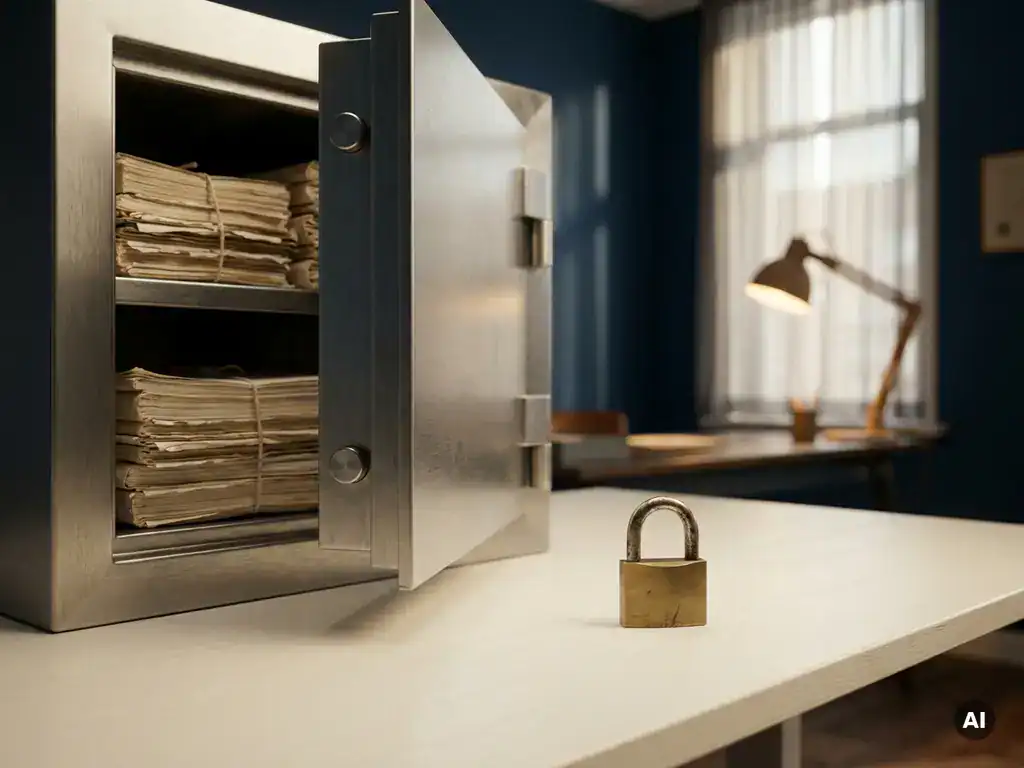 Stalen kluisdeur op een kier met geordende loonstroken en een hangslot op een wit bureau in een Nederlands kantoor.