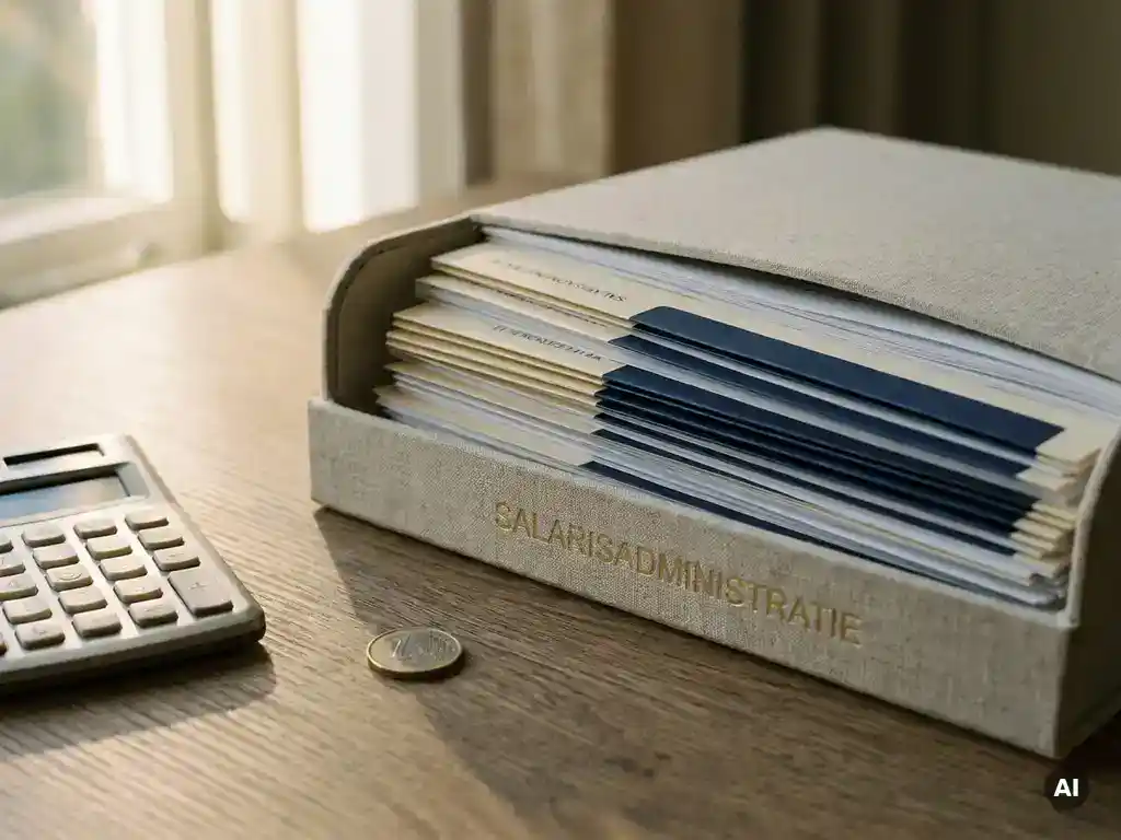 Open Nederlandse loonstrookmap op houten bureau met rekenmachine en euromuntstuk in warm natuurlijk licht.