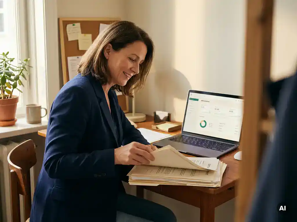 Eigenaar van een klein uitzendbureau bekijkt arbeidscontracten en salarisadministratie aan een houten bureau met open laptop.