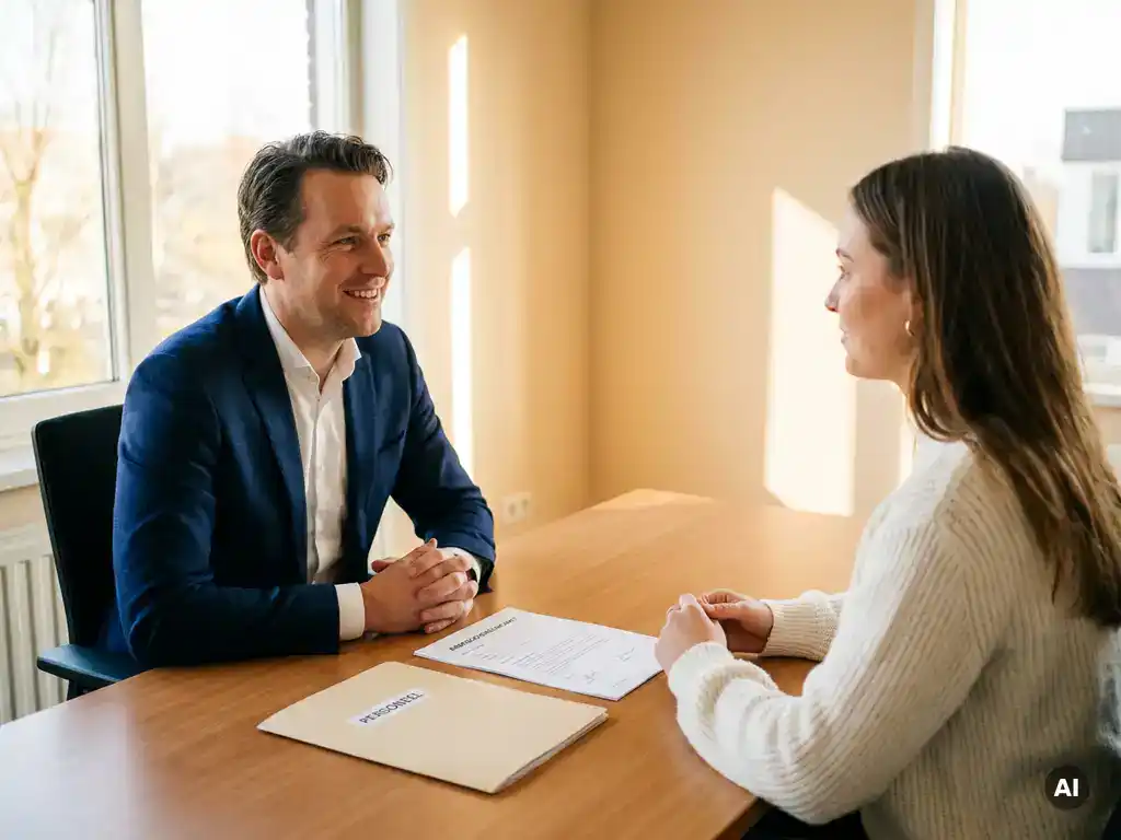 Werkgever en personeelsadviseur aan modern bureau met getekend arbeidscontract en personeelsdossier in Nederlands kantoor.