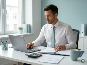 Professionele accountant bekijkt laptop en loonadministratie op rustig kantoor, met calculator en ordelijke map.