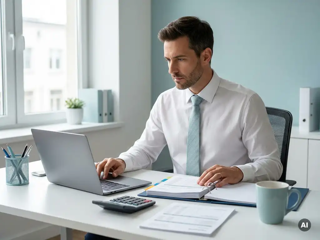 Professionele accountant bekijkt laptop en loonadministratie op rustig kantoor, met calculator en ordelijke map.