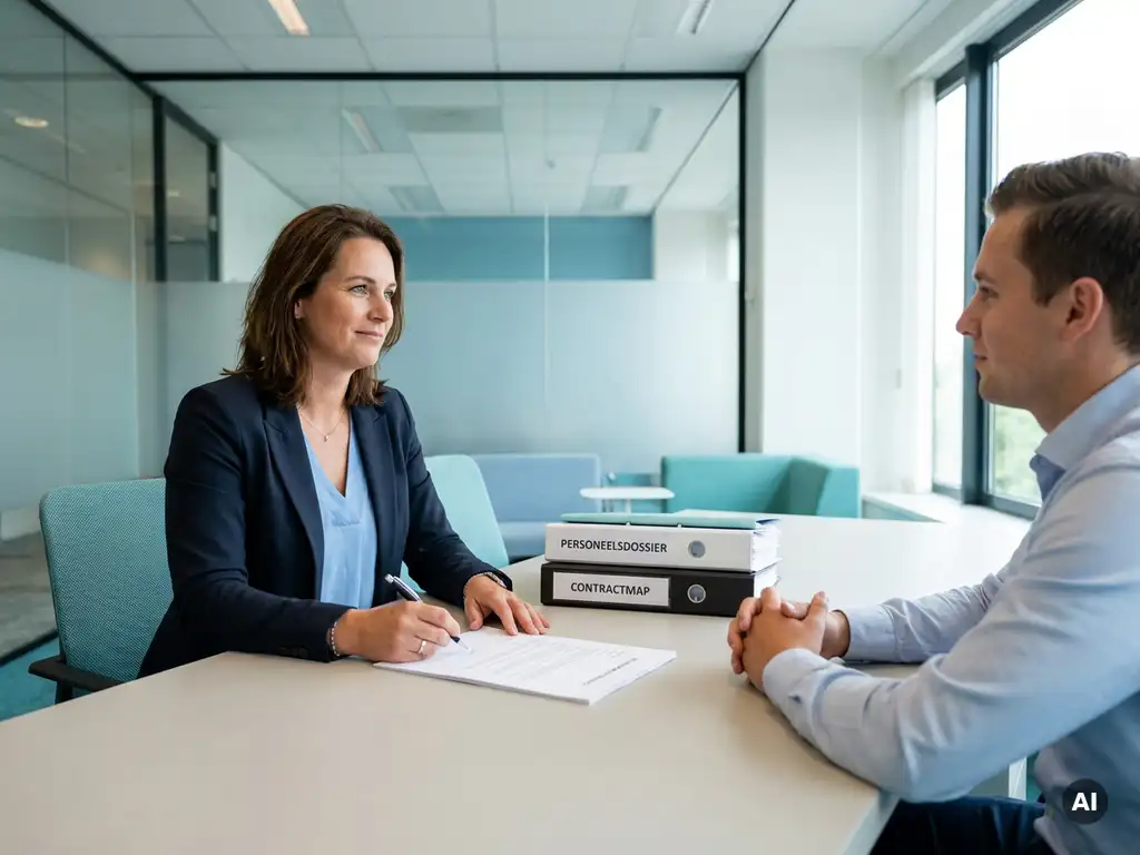 HR-professional en nieuwe medewerker bespreken arbeidscontract en onboardingdocumenten aan strak bureau in modern kantoor