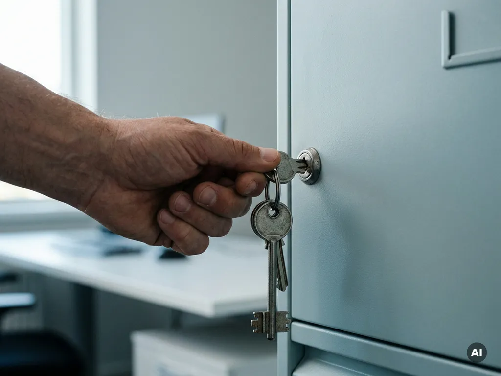 Afgesloten archiefkast met sleutelbos in hand bij het slot, symbool voor beveiligde loongegevens in modern kantoor