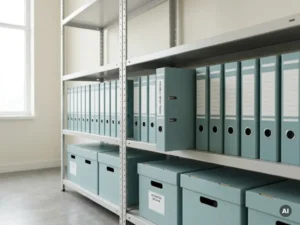 Archiefplank met blauwe ringbanden en documentdozen, één map naar voren, voor veilige loonadministratie en bewaarplicht