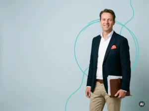 Vriendelijke Nederlandse mkb-ondernemer met documenten, vrijstaand op lichtblauwe achtergrond met ruimte voor backoffice campagne