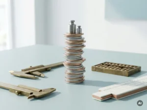 Gebalanceerde stapel munten en metalen gewichten op minimalistisch bureau, met rekenhulpmiddelen in zacht daglicht.