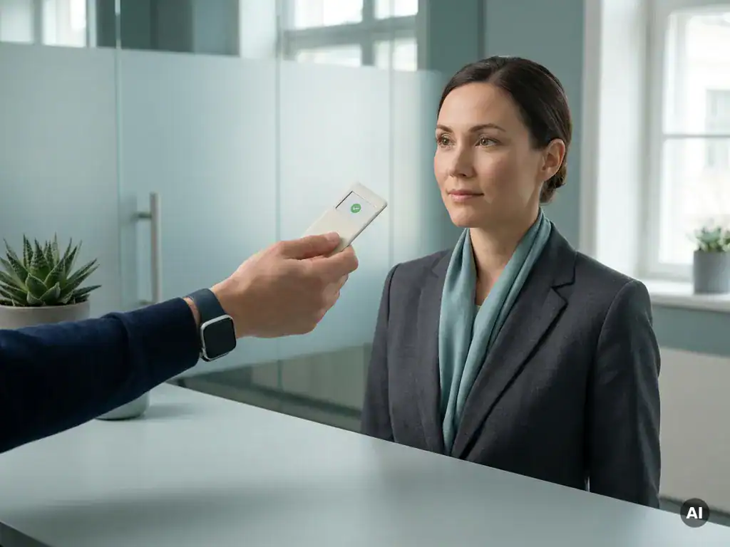Werknemer met biometrische toegangskaart voor identiteitsverificatie in modern payrollkantoor van Payroll Online.