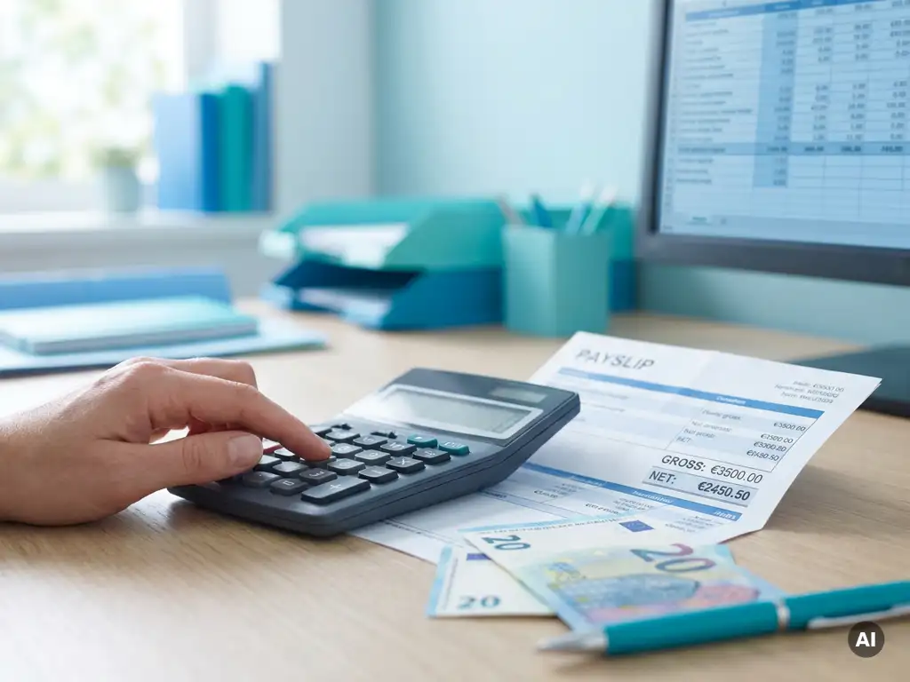 Hand berekent nettoloon op payslip met calculator en eurobiljetten op strak bureau in modern kantoor.