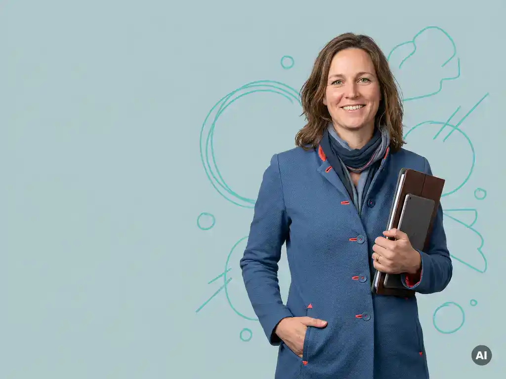 Vriendelijke Nederlandse freelance designer met tablet, rechts in beeld, op lichtblauwe studioachtergrond met veel witruimte