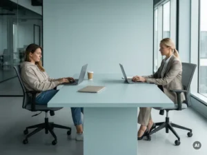 Freelancer en payrollmedewerker aan één minimalistische werktafel in modern kantoor, met duidelijke rolverdeling.