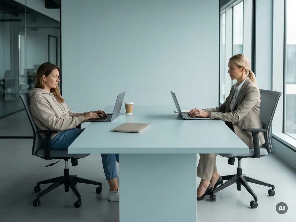 Freelancer en payrollmedewerker aan één minimalistische werktafel in modern kantoor, met duidelijke rolverdeling.