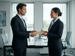 Twee werknemers ontvangen tegelijk hetzelfde loonpakket van een manager in een modern kantoor, symbool voor gelijke beloning.