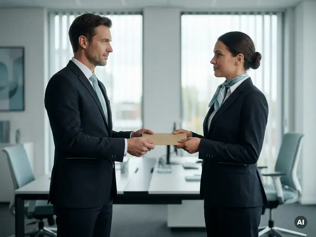 Twee werknemers ontvangen tegelijk hetzelfde loonpakket van een manager in een modern kantoor, symbool voor gelijke beloning.
