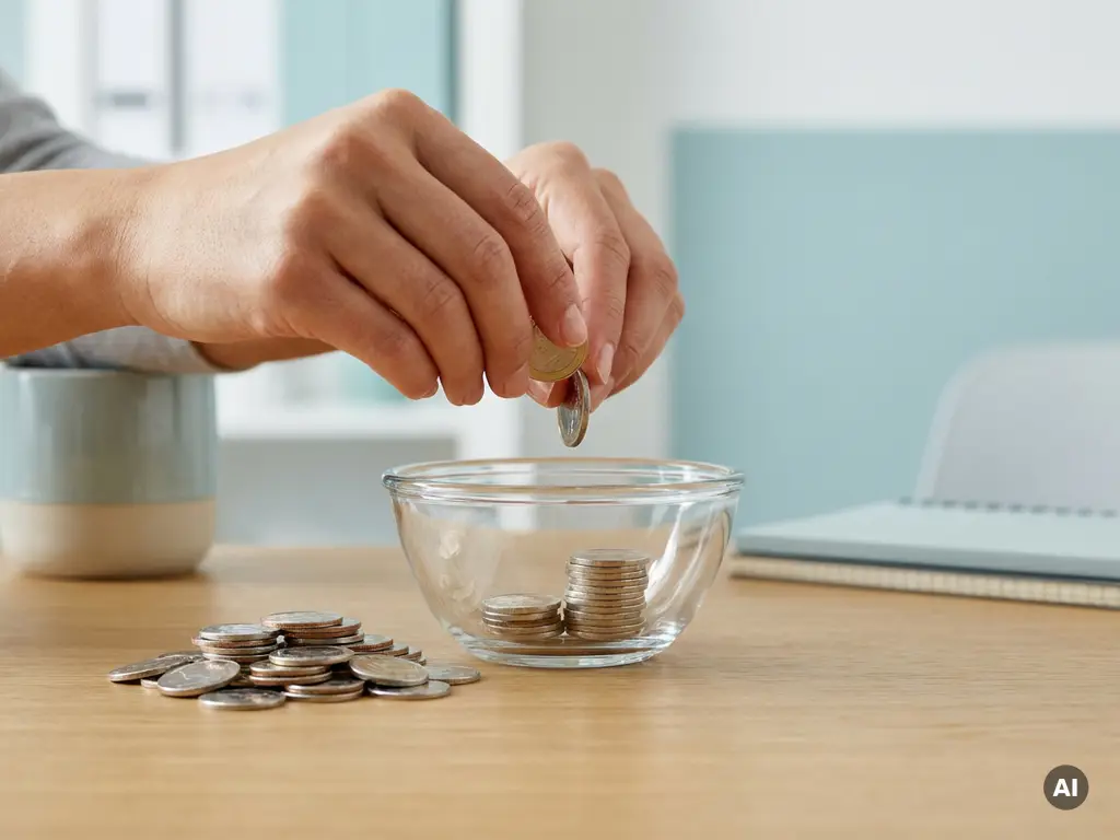 Glazen kom met glanzende munten op houten bureau, handen stapelen geld in minimalistische kantooromgeving.