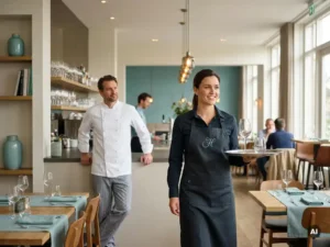 Horeca-medewerker met dienblad en chef in warm restaurantinterieur, flexibele hospitality staffing en nette sfeer