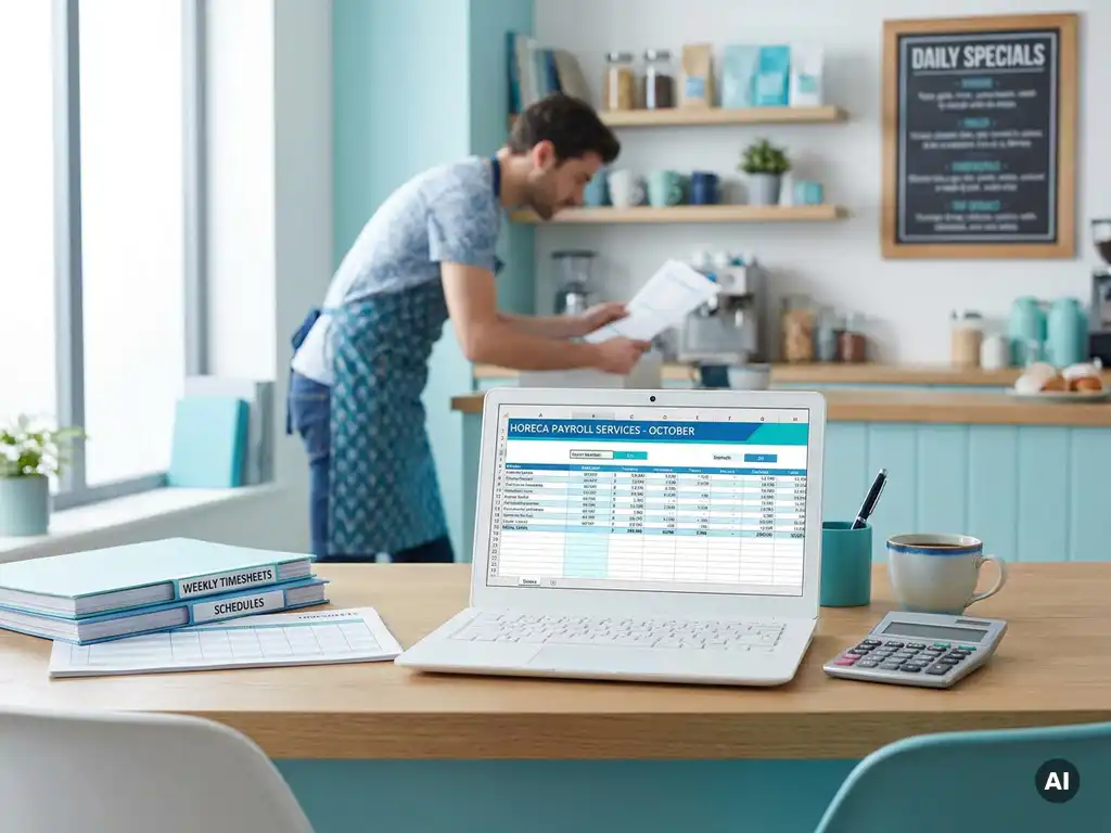 Horeca payroll-werkplek met laptop, urenstaten en calculator op bureau, medewerker op achtergrond in kantoor】【。