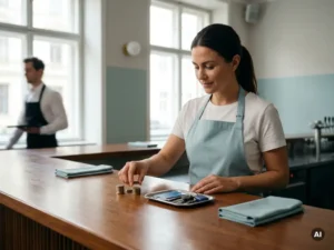 Horecamanager ordent munten en betaalmiddelen aan houten bar in warm restaurant, payroll-online accenten op achtergrond