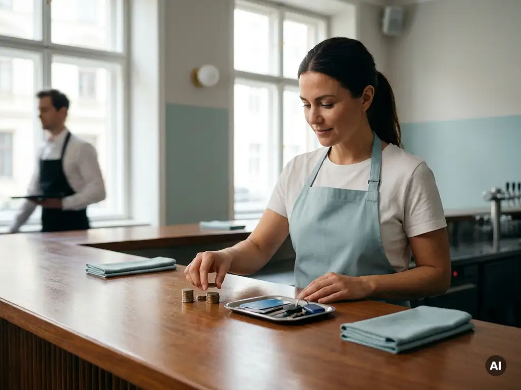 Horecamanager ordent munten en betaalmiddelen aan houten bar in warm restaurant, payroll-online accenten op achtergrond