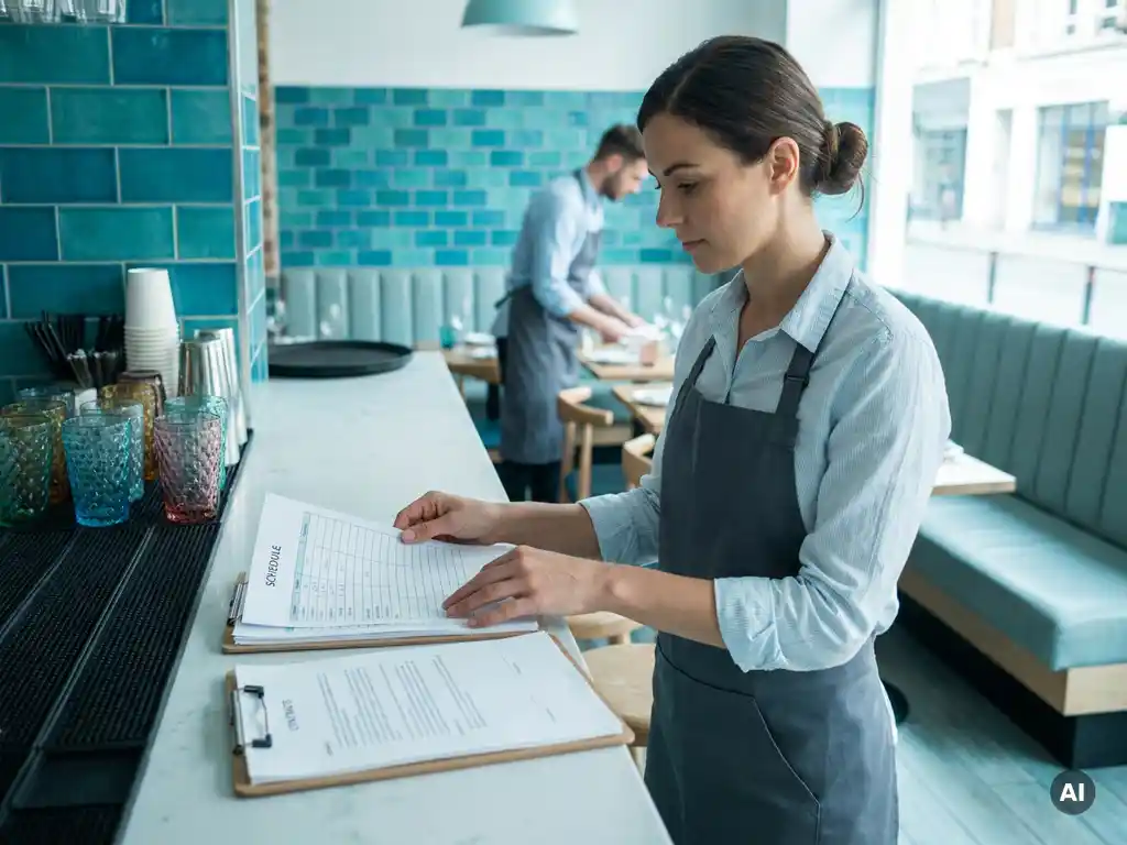Horecamedewerker ordent rooster en contracten aan nette bar, terwijl collega tafels voorbereidt in moderne zaak.