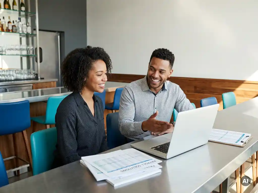 Horecaondernemer en medewerker bespreken rooster en personeelsplanning op laptop aan moderne bar met payroll-documenten