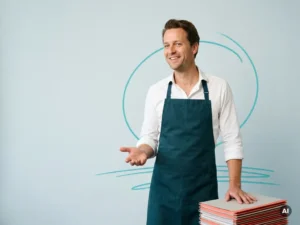 Vriendelijke Nederlandse horecaondernemer met schort en mappen, uitnodigend in studio met lege ruimte links