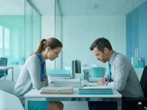 Zelfverzekerde HR-manager en payrollspecialist bekijken arbeidscontracten en dossiers in modern kantoor met blauwe accenten