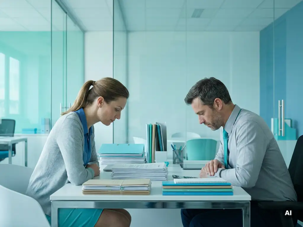 Zelfverzekerde HR-manager en payrollspecialist bekijken arbeidscontracten en dossiers in modern kantoor met blauwe accenten