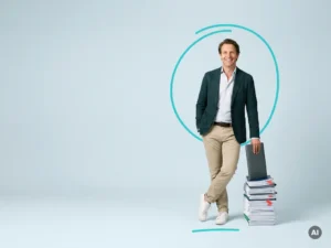 Vriendelijke Nederlandse mkb-ondernemer naast documenten en laptop, met veel lege ruimte op licht blauwgrijze achtergrond