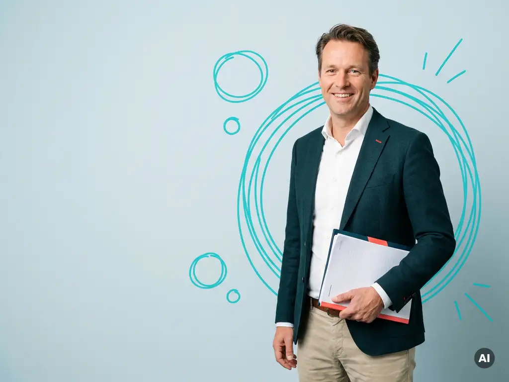 Zelfverzekerde mkb-ondernemer met map en documenten op lichtblauwe studioachtergrond, symbool voor efficiënte HR-processen