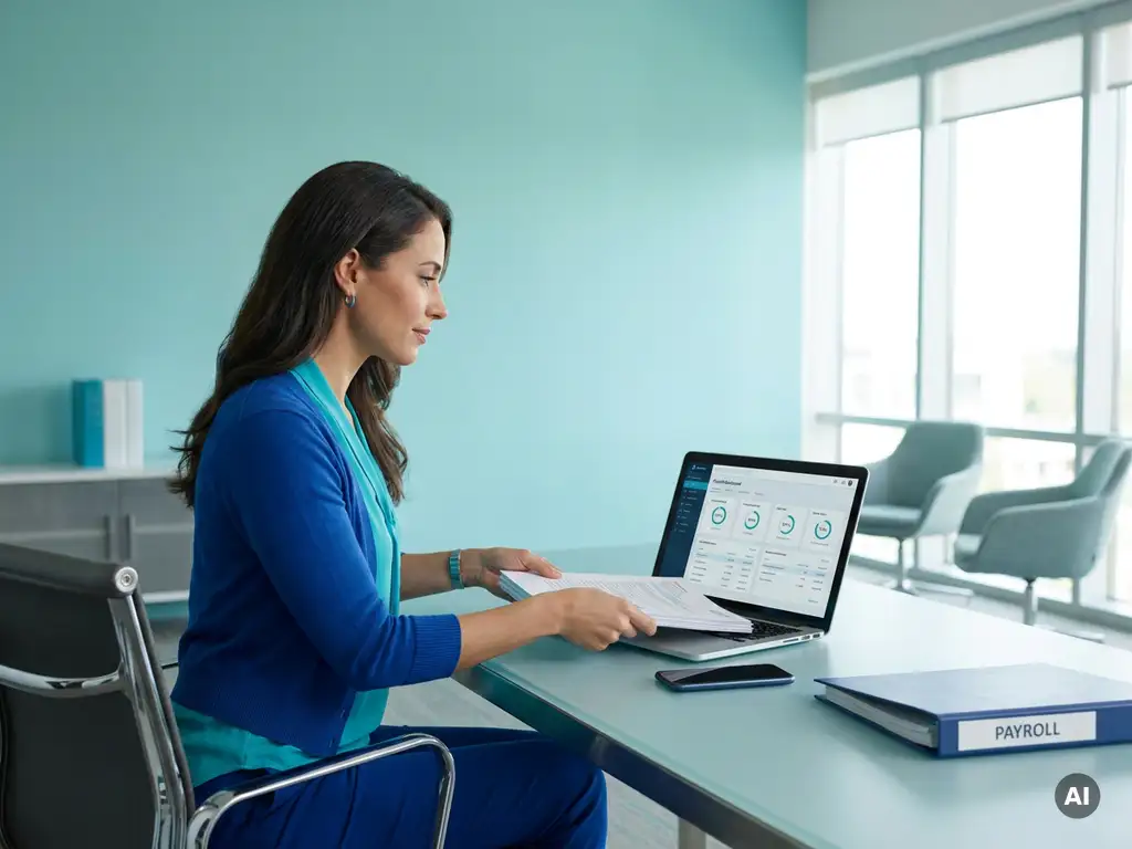 Zelfverzekerde HR-professional schuift arbeidsdocumenten naar open laptop op strak bureau in modern payroll-kantoor.