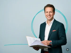 Zelfverzekerde Nederlandse mkb-ondernemer met HR-documenten, glimlachend in studio met rustige negatieve ruimte links