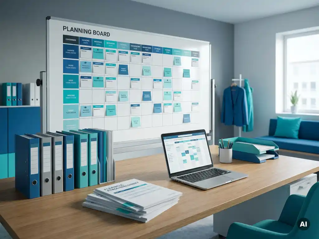 HR-werkplek met planner en laptop op bureau, flexibele personeelsplanning in modern blauw kantoor met daglicht