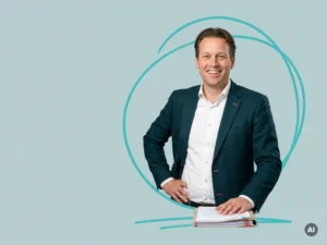 Zelfverzekerde mkb-ondernemer met map vol documenten in studio, straalt vertrouwen en grip op risico’s uit.
