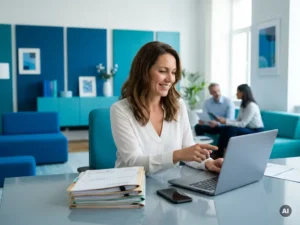Zelfverzekerde intermediair aan bureau met laptop en dossiers in moderne blauwe backoffice, helder daglicht.