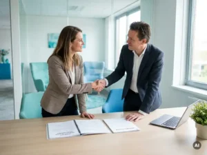 HR-professional en werkgever schudden handen boven payrollcontract in modern kantoor met personeelsdossiers.