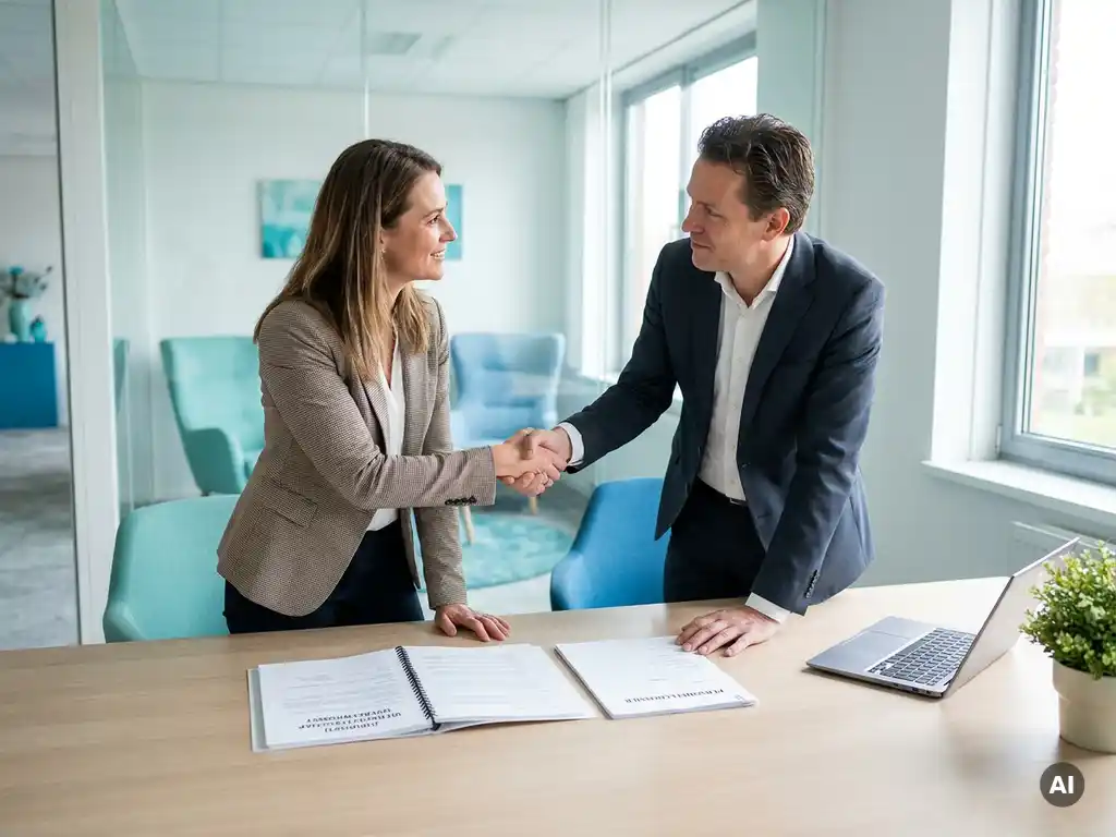 HR-professional en werkgever schudden handen boven payrollcontract in modern kantoor met personeelsdossiers.