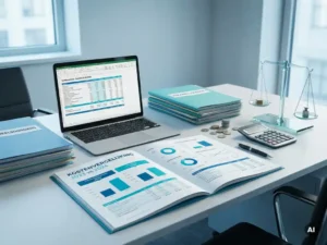 Kostenvergelijking op bureau met laptop, personeelsdossiers, rekenmachine en weegschaal in modern kantoor.