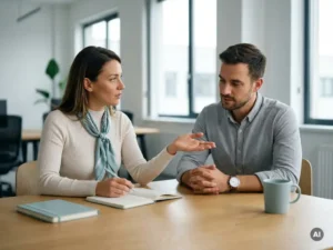 Zelfverzekerde leidinggevende stuurt medewerker aan bij kort overleg in modern kantoor met daglicht en rustige sfeer