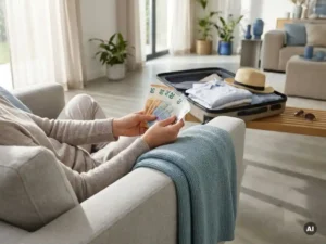 Ontspannen werknemer met eurobankbiljetten in stoel, open koffer en zomerspullen in lichte, moderne ruimte.