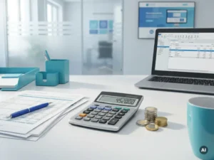Calculator met euromunten op modern bureau voor loonberekening, naast documenten en laptop in rustig kantoorlicht.