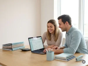 Jonge ondernemer en nieuwe medewerker bij geordende loonadministratie aan bureau in modern kantoor met laptop en ordners