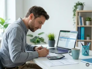 Ondernemer bereidt loonadministratie voor eerste medewerker aan moderne werkplek met laptop, papieren en koffie.
